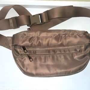 Woman’s Brown Nylon with Gold Accents Belt Bag with Dual Zip Pockets
